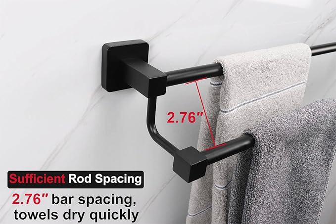 TocTen Double Bath Towel Bar - Thicken SUS304 Stainless Steel Towel Rack for Bathroom, Bathroom Accessories Double Towel Rod Heavy Duty Wall Mounted Square Towel Holder (Matte Black,24 INCH)