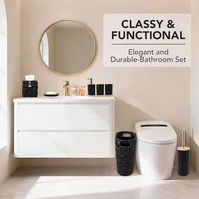 Bathroom Accessories Set - 10PCS Bathroom Set with Handwoven Trash Can,Shower Curtain,Toilet Brush Holder Set,Tissue Holder & Soap Dispenser for Bathroom Décor and Housewarming Gifts (Black, Bath Set)