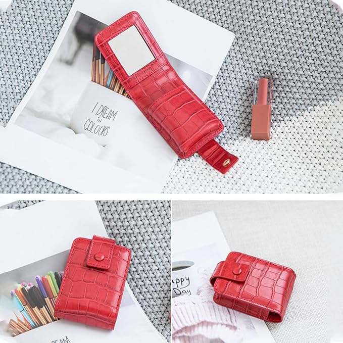 Lipstick Case, Genuine Leather Lipstick Case with Mirror, Lipstick Organizer Mini Cosmetic Storage for Women
