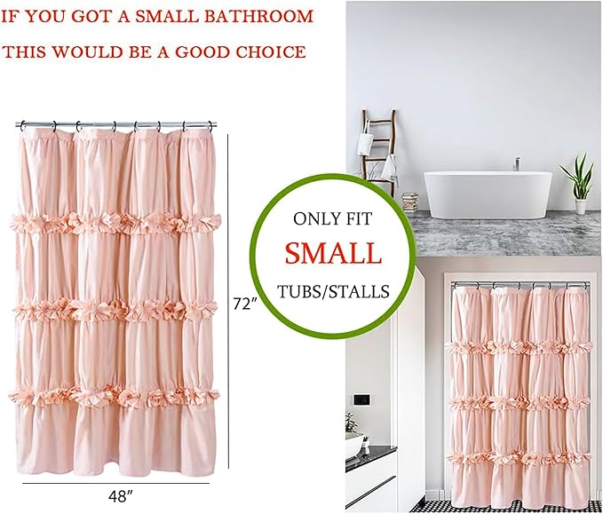 Peach Pink Ruffle Shower Curtain, Vintage Handcrafted Bow Tie Bath Curtain for Master Bathroom, Ruched Microfiber Bathroom Curtain with 8 Buttonholes, 48" W x 72" H (LQ-10)