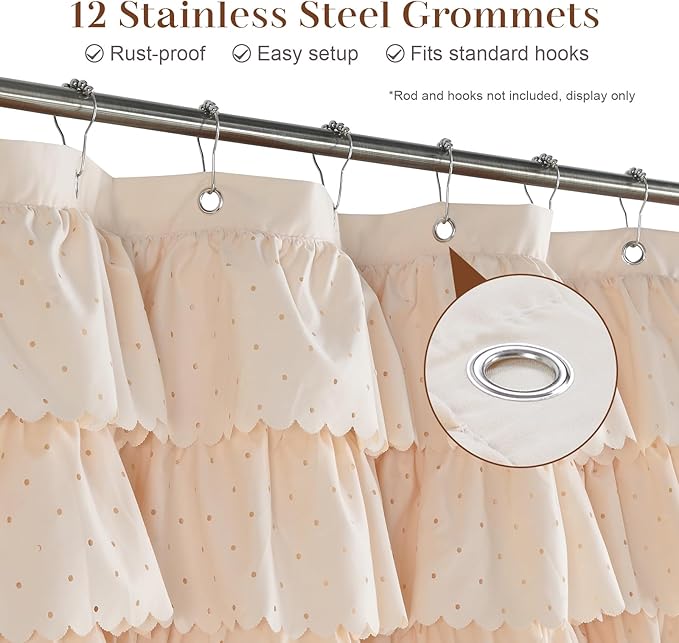 Beige Ruffle Shower Curtain with Small Holes, Girls Women Fabric Shower Curtain with Delicate Handcrafted Ruffles, Waterproof Ruched Farmhouse Decorative Bathroom Curtain, 72" W x 72" H