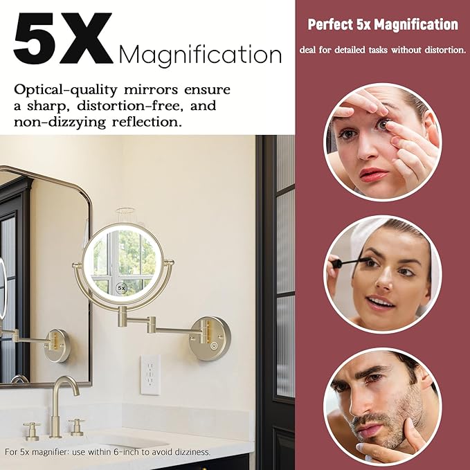 8" Hardwired Wall Mounted Magnifying Mirror with Lights, 1X/5X Double Sided 3-Colors LED Lighting Touch Dimming Extended Arm 360 Rotation Brass Makeup Mirror for Bathroom, Satin Brushed Gold