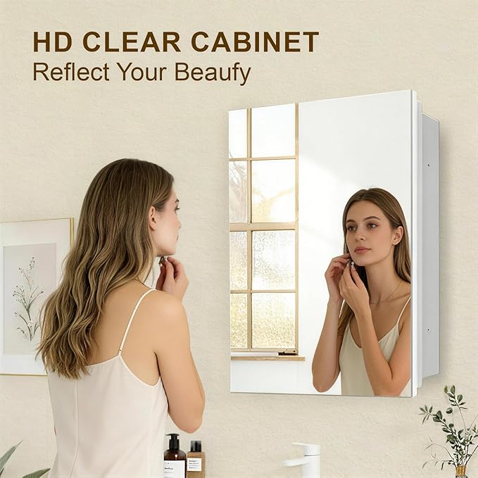 16x26 Bathroom Mirror with Storage,Recessed & Surface Mount Medicine Cabinet, Frameless Bathroom Cabinet with Mirror, Wall Mounted Mirror Cabinet for Bathroom, Modern Sleek Design