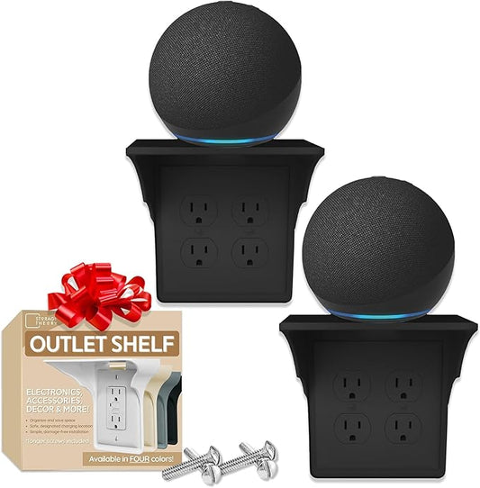 Power Perch Double Wall Outlet Shelf – Bathroom Shelf for Electric Toothbrush and Toiletries – Small Wall Shelves for Homepod Mini, Alexa Holder, Echo Dot – Easy Install, Black, 2-Pack