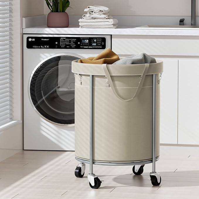 Aduanbang 170L Laundry Basket with Wheels, Rolling Hamper with Removable Bag & Steel Frame, Round Laundry Cart with 4 Casters & 2 Brakes, Ideal for Bedroom, Bathroom & Laundry Room