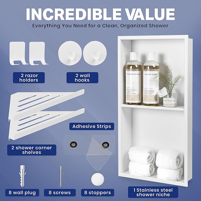 Stainless Steel Shower Niche No Tile Needed 24"x12" Inner Size (25.19"x13.19" Outside Size) Matte White - Niche for Shower Wall - Bathroom Niches - Includes Corner Shelves Razor Holders and Wall Hooks
