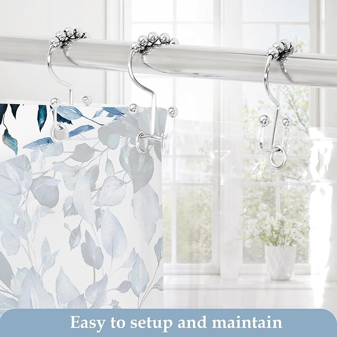 Gibelle Small Stall 3 in 1 Shower Curtain Set,Eucalyptus Bath Curtain with PEVA Liner Set and 12 Metal Hooks, Modern Waterproof Fabric Bathroom Curtain 36x72, Blue