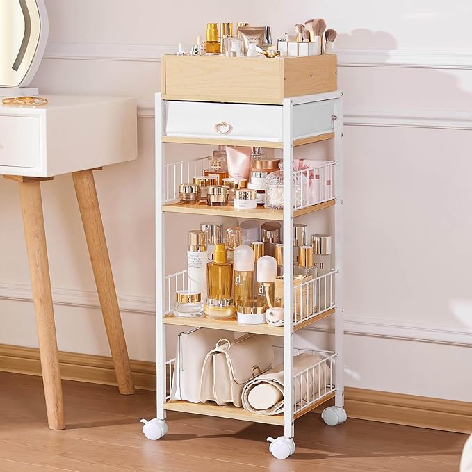 Enthralite Makeup Storage Organizer for Bedroom: Make Up Holder with Drawer - Vanity Organization for Skincare Cosmetic Brush Beauty Accessories