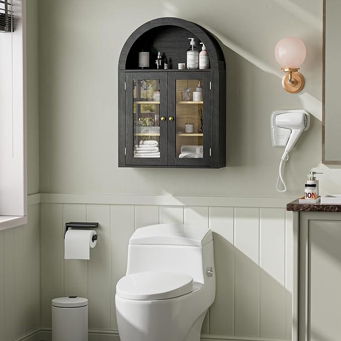 BREEZEHEAT Arched Medicine Cabinet with Glass Doors, Adjustable Shelf, Wall Mounted Bathroom Storage Cabinet Over Toilet, Black Wood Grain, 23.6''W × 31.5''H