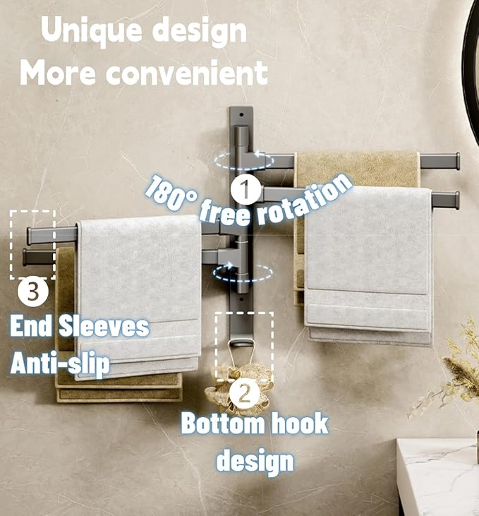 3 Arms Swivel Towel Rack Thicken Towel Holder with Hook Space Saving Towel Bar Wall Mount Swivel Towel Racks for Bathroom Kitchen-Grey