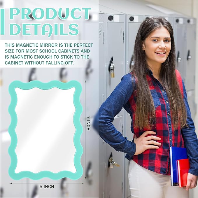 Leinuosen 1 Pcs Scalloped Magnetic Locker Mirror Small Real Glass Makeup Mirror with Magnetic Backing Cute Locker Decorations for Office Cabinet Lockers Accessories (5 x 7 Inch,Mint Green)