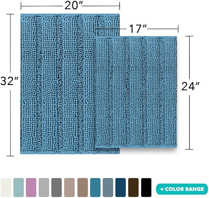 Turquoize Chenille Bathroom Rugs Set - Non-Slip Bath Mats for Bathroom & Kitchen/Entryway (Standard: 20" x 32" and 17" x 24"), Turquoise