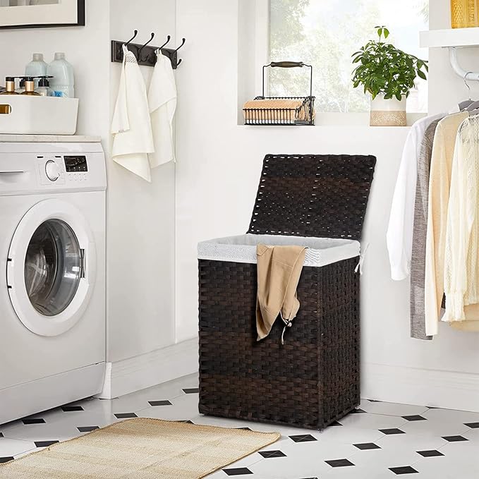 Paylesshere Laundry Hamper Handwoven Laundry Basket 90L/110L Foldable Rattan Laundry Hamper With Lid,2 Removable Liner Bags & 6 Laundry Bags,Clothes Hamper for Bathroom, Brown