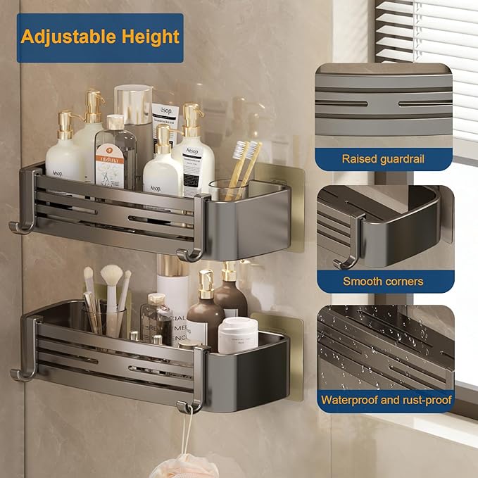 Shower Caddy, Adhesive Bathroom Shower Corner Organizer Shelves with Hooks, No Drilling Shower Shelves Organizer for Bathroom Kitchen 2 Pack