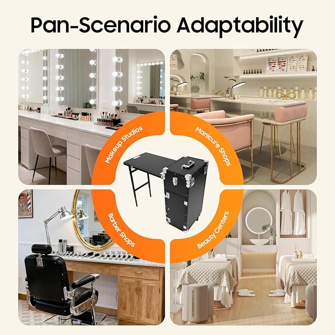Professional Rolling Travel Nail Desk, Foldable Nail Table Travel Cosmetic Trolley Storage Organizer with 4 Drawers Mirror & Speaker Black Manicure Table Artist Travel Organizer