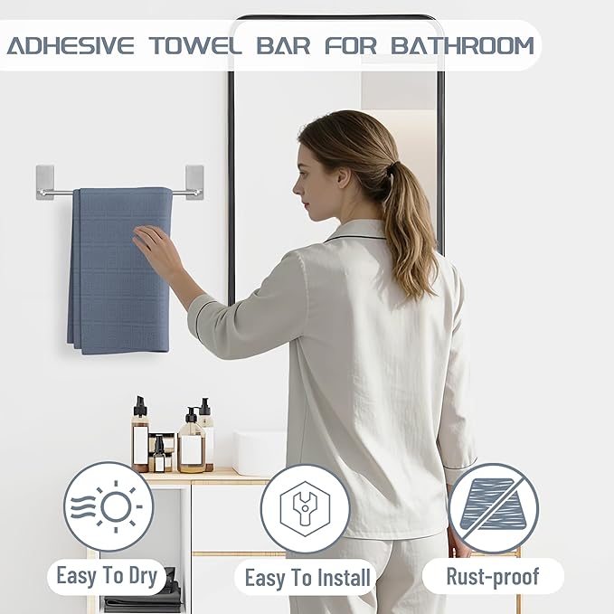 Alise Adhesive Towel Bar, 16 Inch Towel Racks for Bathroom SUS 304 Stainless Steel,Bathroom Towel Holder No Drill, Strong Self Adhesive Towel Bar, Brushed Nickel