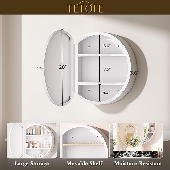TETOTE 20 x 20 Inch Medicine Cabinet Mirror White Framed Round Mirrored Medicine Cabinets for Bathroom Adjustable Shelves Modern Bathroom Mirror with Storage Wall Mounted
