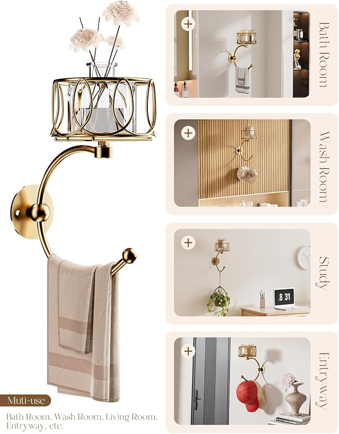 Hand Towel Holder for Bathroom Wall, Towel Hook with Candle Holder for Bathroom Decor, Wall Mounted Towel Hook with Cut Candle Holder, Vintage Towel Ring Towel Racks for Bathroom Decor and Accessories