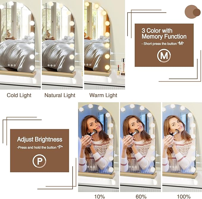 halumao Vanity Mirror with Lights, 15.7" x 23.6" Hollywood Lighted Makeup Mirror with 15 Dimmable LED Bulbs for Dressing Room Bedroom Gold