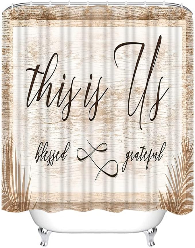 4 Piece Thankful Grateful Blessed Shower Curtain Waterproof Family Love Faith Quote Rustic Vintage Brown Wood Bathroom Sets with Non-Slip Rugs, Toilet Lid Cover and Bath Mat with Standard Size