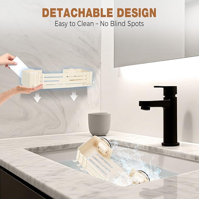 Lekesky Suction Cup Shower Caddy, No Drill Shower Shelf, Aluminum Rust Proof Bathroom Shower Organizer with 12 Hooks, （2-Pack, Cream）