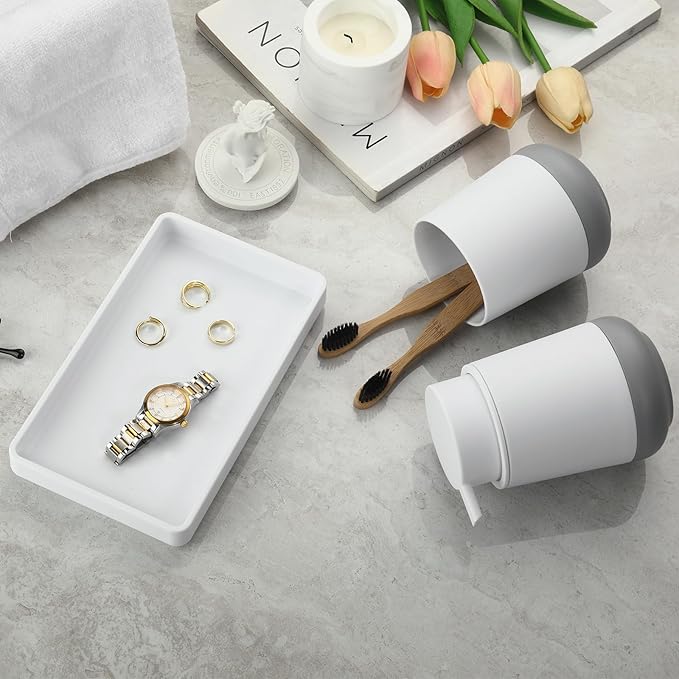 GAHEFY White Bathroom Countertop Accessories Set - Soap Dispenser and Toothbrush Holder with Silicone Boot,Vanity Tray (White Liquid)