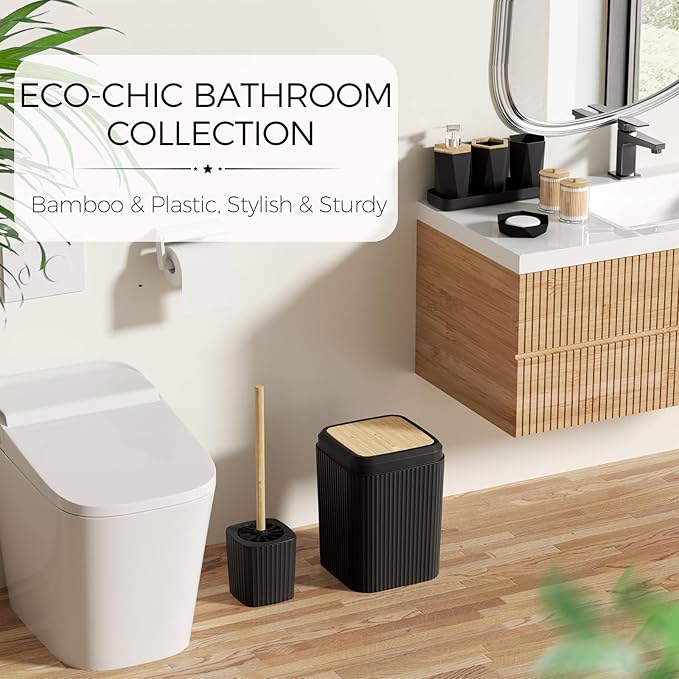 Bathroom Accessories Set - Black Bathroom Set with Shower Curtain and Rugs, Trash Can, Toilet Brush with Holder, Soap Dispenser, Toothbrush and Toothpaste Holder, Cup, Soap Dish, Qtip Holders, Tray