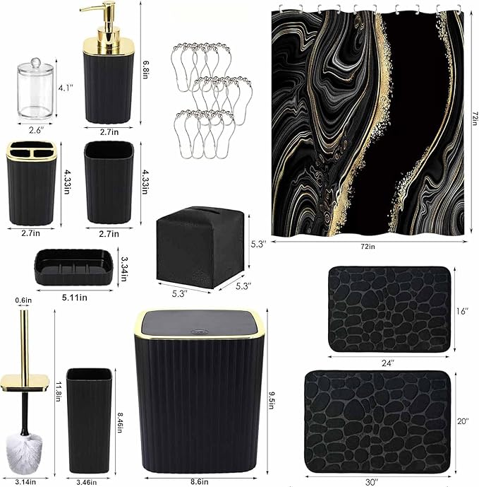 Bathroom Accessory Set with Shower Curtain and Rugs 23Pcs, Black Bathroom Set - Trash Can, Soap Dispenser, Soap Dish, Toilet Brush, Toothbrush Holder, Toothbrush Cup, Tissue Box, Q-tip Holders