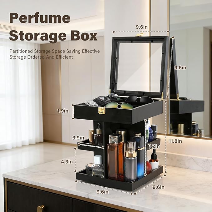Cologne Organizer for Men 360 Rotating Wood Perfume Display Stand 3 Tier Large Capacity Mens Organizador de Perfumes for Bathroom Countertop Desk Organizers,Birthday Gifts for Men