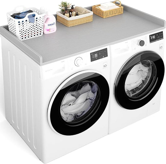 Aheaplus Washer and Dryer Countertop, Laundry Room Organization with Non-Slip Pads, Wood Shelf Topper with Round Corner Edge Rails, Folding Organizer for Laundry Storage, 54" W x 27.5" D, Grey