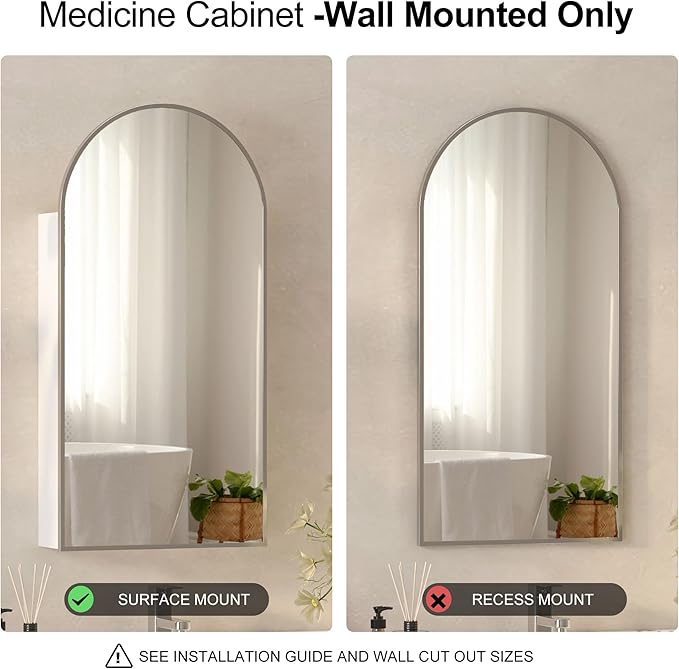 Arched Medicine Cabinets with Mirror,Wall Mounted Brushed Nickel Mirror Cabinet for Bathroom, Metal Edge,Arch Medicine Cabinet Mirror,Bathroom Mirror with Storage,16 x32 Inch