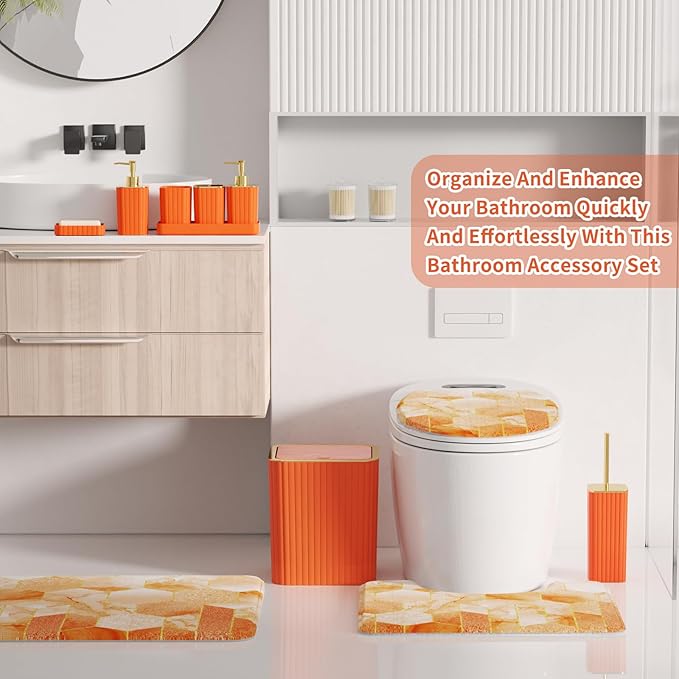 XLHOMO Bathroom Set - 26PC Bathroom Set with Shower Curtain and Rugs, Bathroom Accessory Set, Orange Bathroom Accessories Set, Trash Can & Soap Dispenser