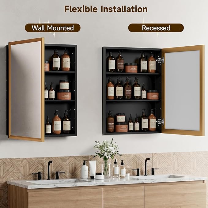 24“ x 30” Gold Medicine Cabinets for Bathroom with Mirror, Aluminum Alloy Framed Mirror＆Tempered Glass Design, Recessed or Surface Wall-Mounted Metal Bathroom Vanity Mirror with Storage Cabinet