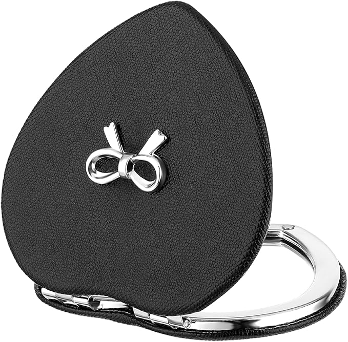 Qianyu Compact Folding Heart Shaped Double-Sided 1X/2X Magnifying Mini Glitter Makeup Mirror with PU Leather for Women Home, Office and Travel (Silver)
