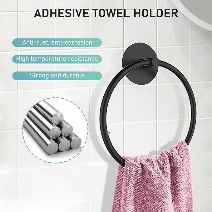 SetSail Towel Holder, Adhesive Hand Towel Holder for Bathroom Wall Stainless Steel Towel Ring Matte Black Towel Hanger Heavy Duty Towel Racks for Bathroom, Kitchen, 2 Pack