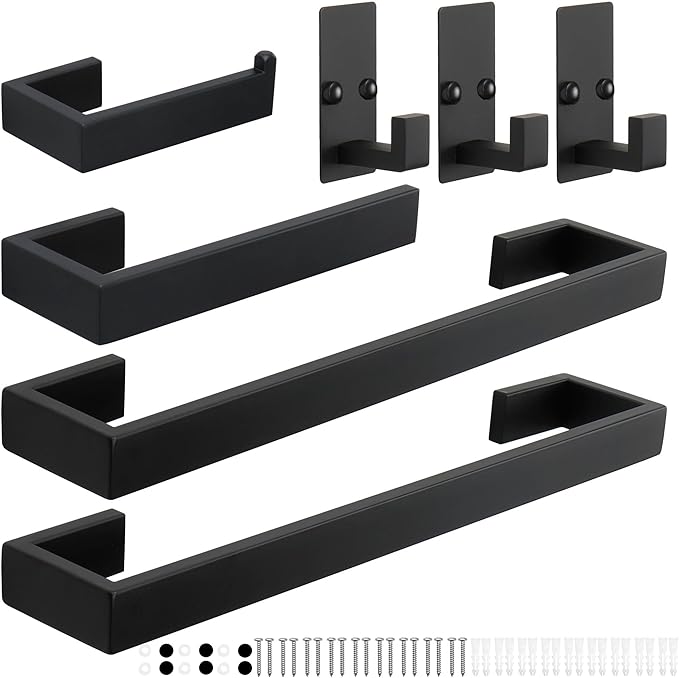 TocTen 7 Pcs Bathroom Hardware Set, Thicken Stainless Steel Towel Bar Set-Includes 2Bath Towel Racks+Towel Holder+Toilet Paper Holder+3 Robe Towel Hooks, Wall Mounted Bathroom Accessories Kit(Black)