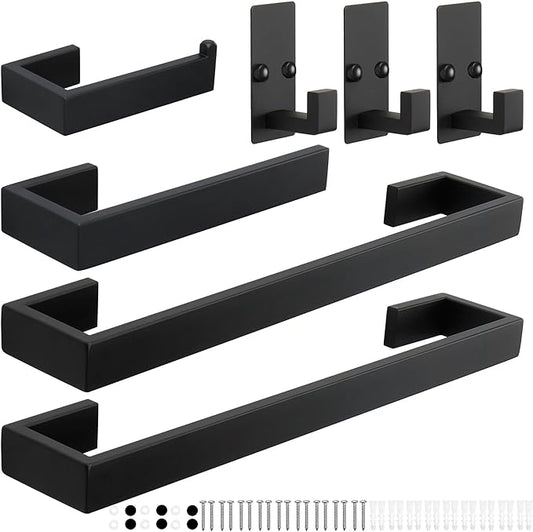 TocTen 7 Pcs Bathroom Hardware Set, Thicken Stainless Steel Towel Bar Set-Includes 2Bath Towel Racks+Towel Holder+Toilet Paper Holder+3 Robe Towel Hooks, Wall Mounted Bathroom Accessories Kit(Black)