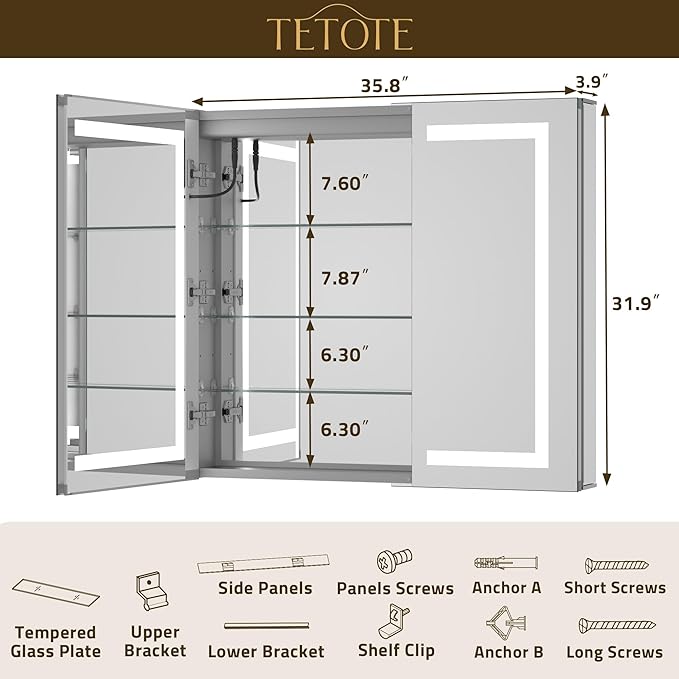 TETOTE 36 x 32 LED Lighted Bathroom Medicine Cabinet with Lights, 2 Door Recessed or Surface Mount Led Mirrored Medicine Cabinet, Tempered Glass, Outlets & USB, Adjustable Shelf, 3-Color Lights
