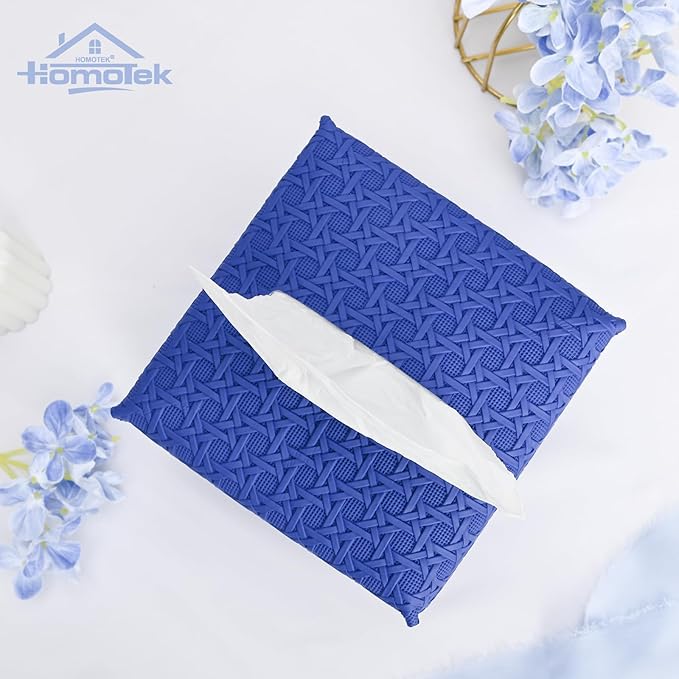 HOMOTEK 2 Pack Tissue Box Cover, Square PU Leather Tissue Holder, Decorative Facial Tissue Cube Paper Organizer Dispenser for Bathroom, Night Stands, Desk, Car 5X5X5'' - Rattan Weave,Blue