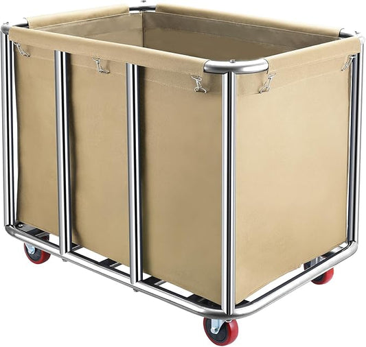 Commercial Laundry Cart with Wheels,400L Large Industrial Laundry Cart,Rolling Laundry Cart with Sturdy Stainless Steel Frame and Oxford Bag for Home Hotel Hospital 440 lbs (Beige)