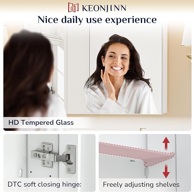 Keonjinn 60 x 32 Inch Medicine Cabinet, Assembly Required, White Bathroom Medicine Cabinets Mirror, Lightweight, Adjustable Shelves, Surface Mount or Recessed, Tempered Glass