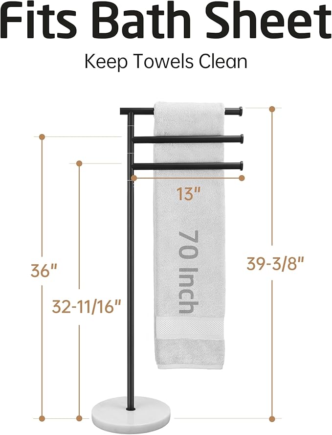 KES Matte Black Towel Racks for Bathroom with Weighted Marble Base, 40 Inch Free Standing Pool Towel Rack Outdoor, 3 Swivel Bars, Premium 18/8 Stainless Steel, BTH219-BK
