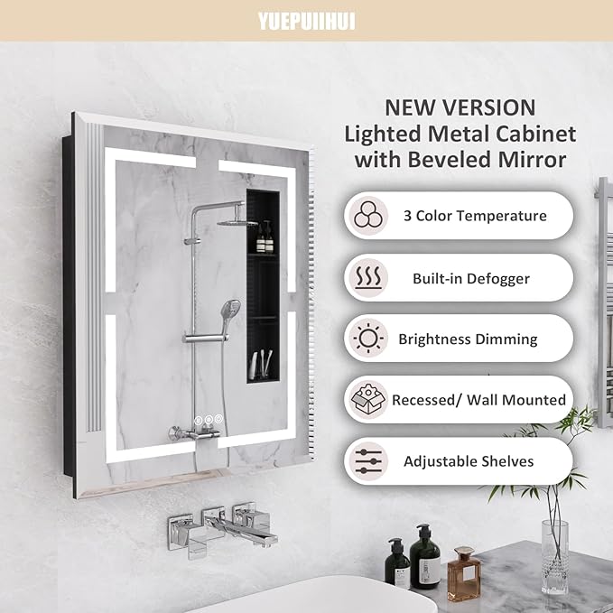24X30 Inch Lighted Medicine Cabinet, Recessed Medicine Cabinet with Adjustable 3-Color, Brightness Dimming, Defogger, Wall Mounted