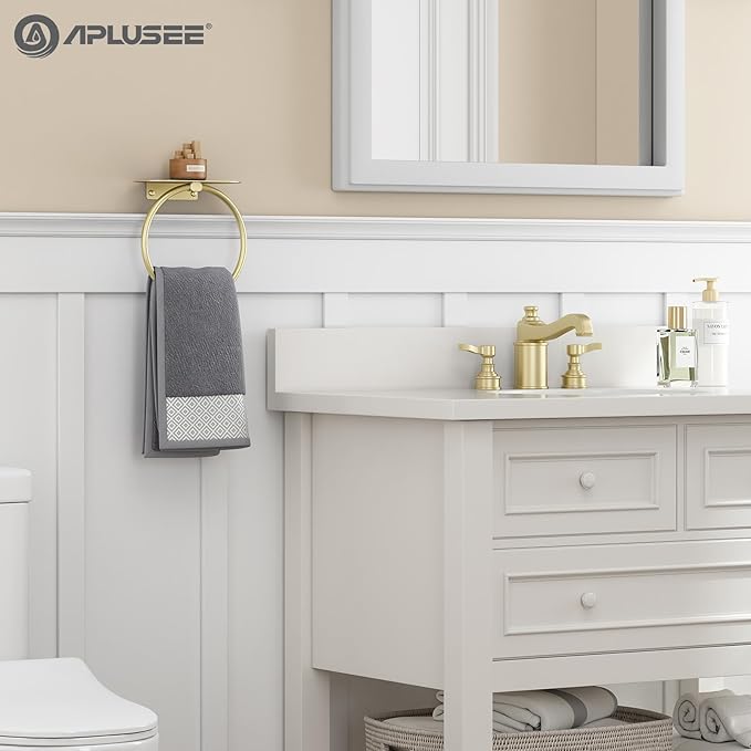 APLusee Brushed Gold Towel Ring with Shelf, 304 Stainless Steel Wall Mounted Hand Towel Holder for Bathroom, Space-Saving Design