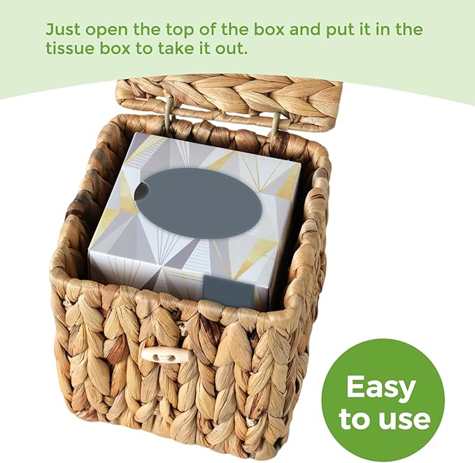 Rattan Tissue Box Cover with Lid, Wicker Tissue Box Holder Square, Hand Woven Cube Tissue Box Cover Tissue Holder for Bathroom Living Room Kitchen Office, Natural