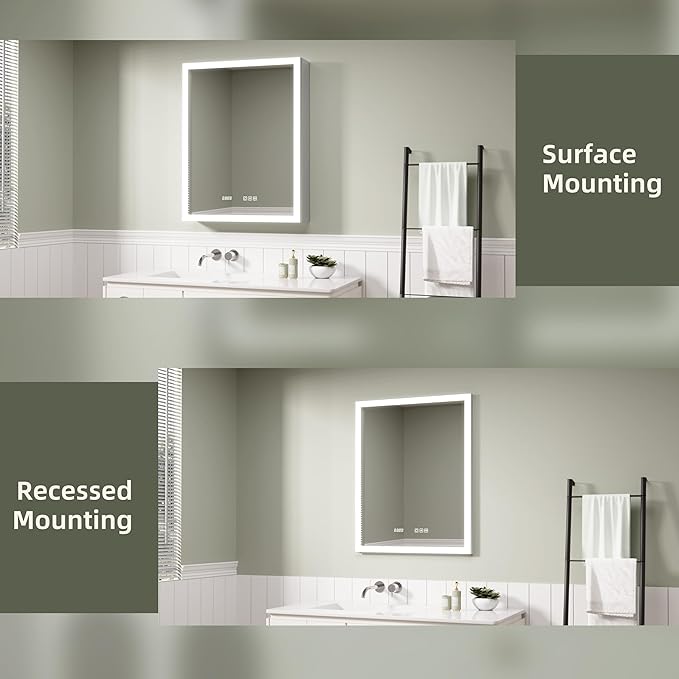 LED Medicine Cabinet Mirror with Lights, 24x30 Inch Bathroom Storage, Recessed/Wall Mount, Plug-in/Hardwired, 3 Color Dimmable Light, Anti-Fog, Time Temp Display, Right Hinge