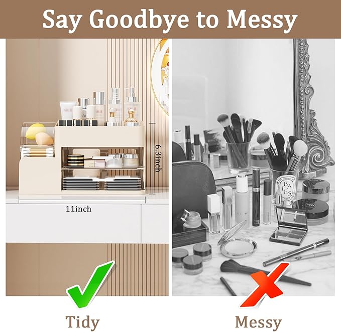 Makeup Organizer with Large Capacity,Stain-ResistantRotating Clear Compartment and 2 Drawers for Cosmetics and Skincare Storage – Vanity Countertop Organizer for Bathroom and Bedroom (All Cream)