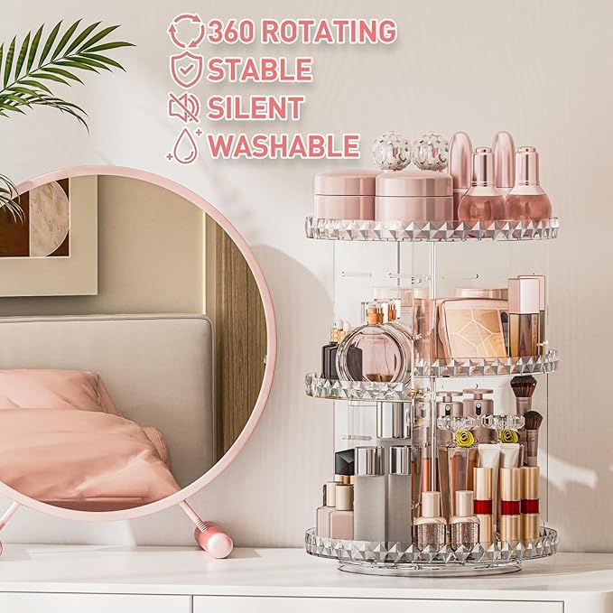 360° Rotating Makeup Organizer, Diamond Pattern DIY 5 Adjustable Layers Skincare Clear Cosmetics Organizer for Vanity Countertop with Perfume Tray