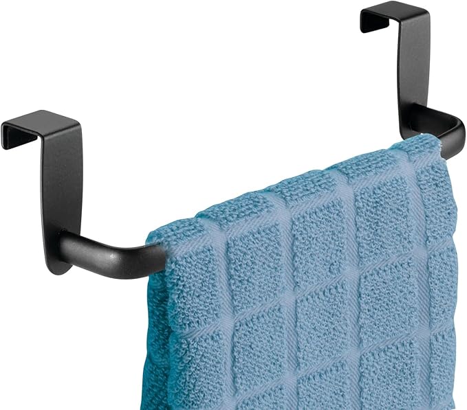 mDesign Steel Metal Wire Over Cabinet Towel Rack Storage Organizer - Hang on Cabinet or Door - Towel Bar Holder for Kitchen - Holds Hand Towels, Washcloths - Spira Collection, 2 Pack, Matte Black