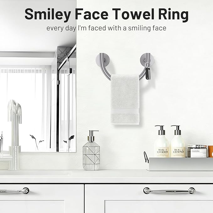 TNOMS Brushed Nickel Smiley Face Towel Ring Bathroom Hand Towel Holder Stainless Steel Wall-Mounted Bathroom Hardware Accessories Towel Rack
